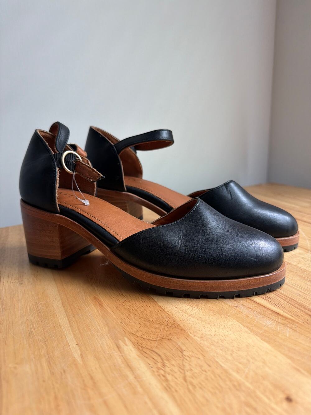 PATINA Black Leather Mary Jane Clog Heels NWOT Size 7 Chunky Block Heel Comfort